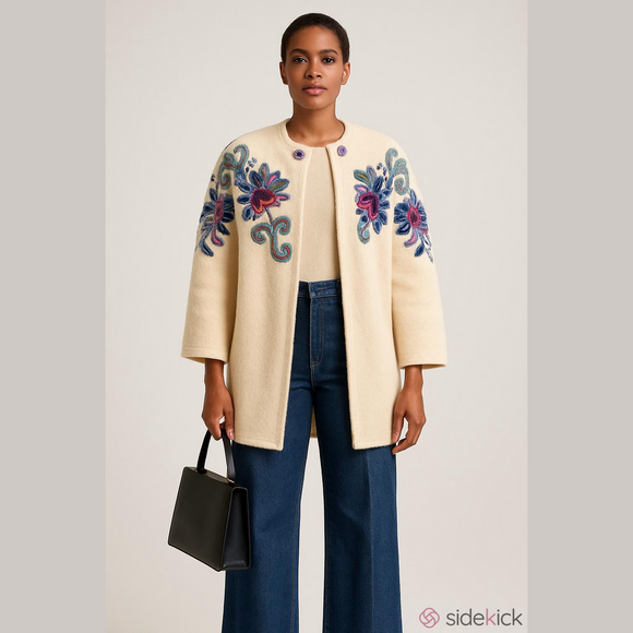 Retro 80's/90's Brocade Embroidered Cream Wool Jacket - Picture 15 of 15